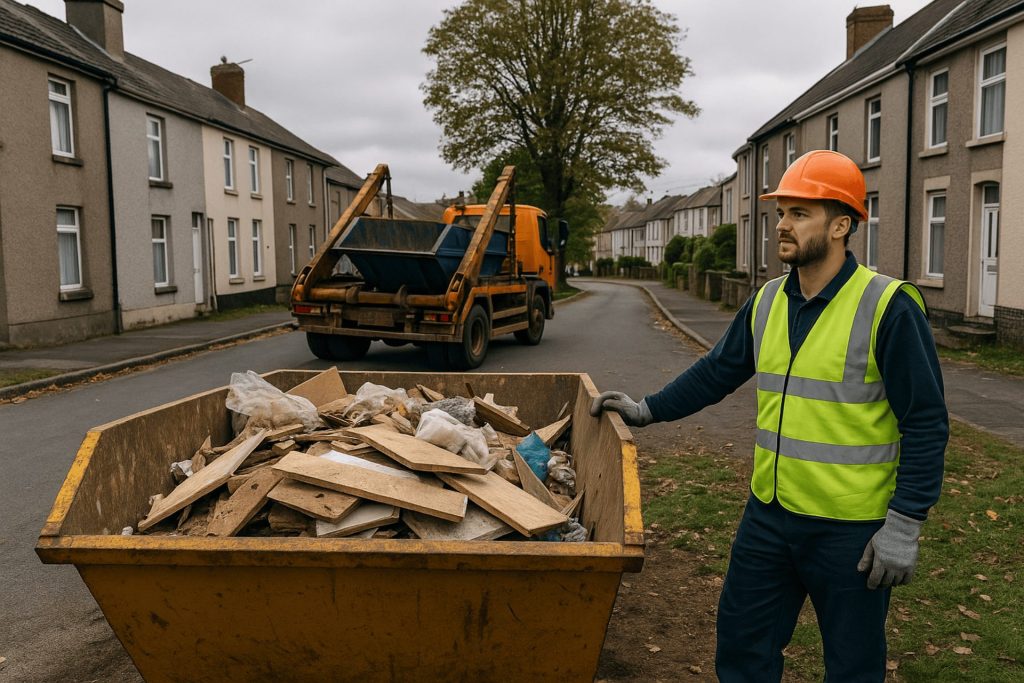 A skip loader truck and its driver loading a cheap skip for hire onto the road outside a customers house