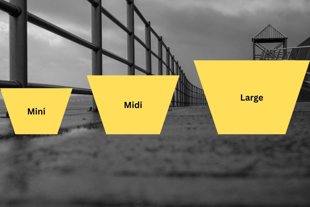 Three different images showing the mini, midi, and large size skips available to hire