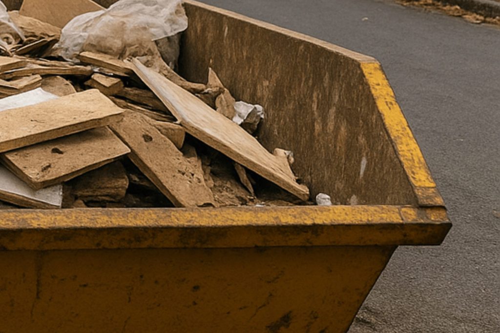 A close up of a small skip that has been hired in Swansea