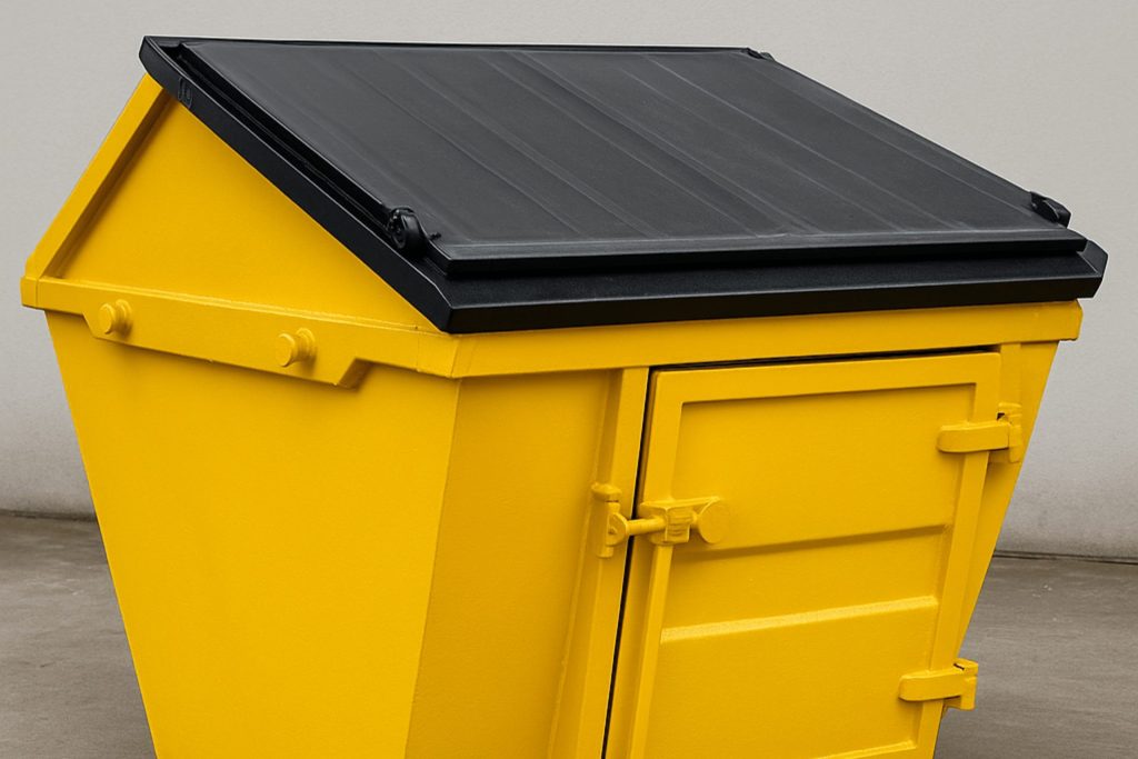 A yellow skip with a door and cover which would increase the skip hire price