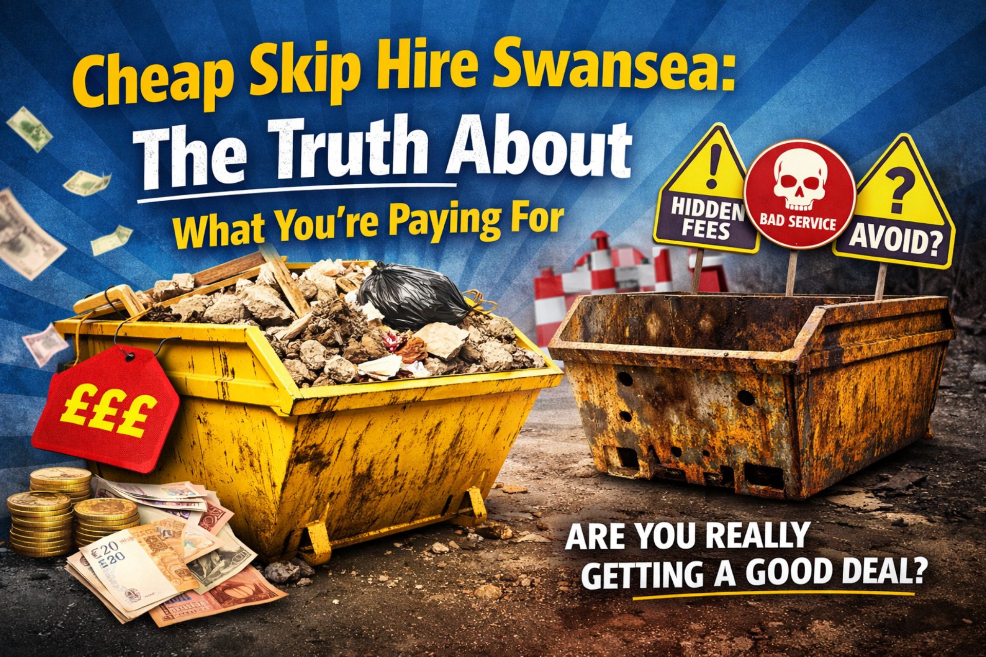 A split-image showing two skips, representing the reality behind cheap skip hire Swansea
