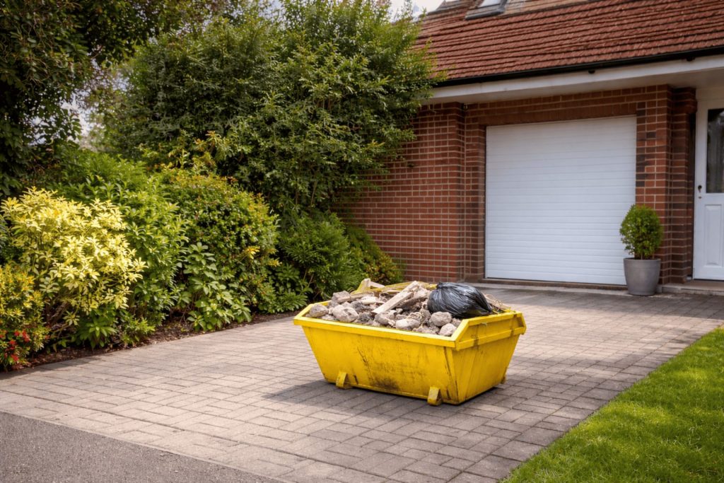 A yellow mini skip filled with rubble sits on a Swansea driveway outside a red brick house