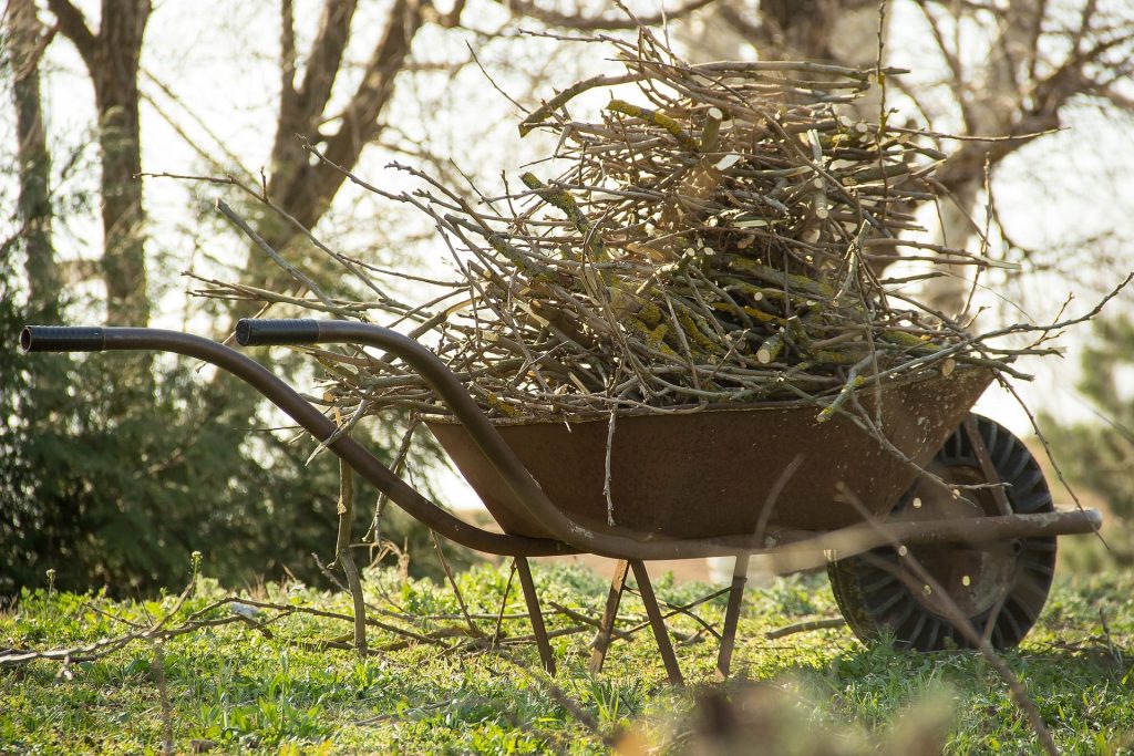 Broken branches loaded into a wheelbarrow to be thrown in the skip hire for one day