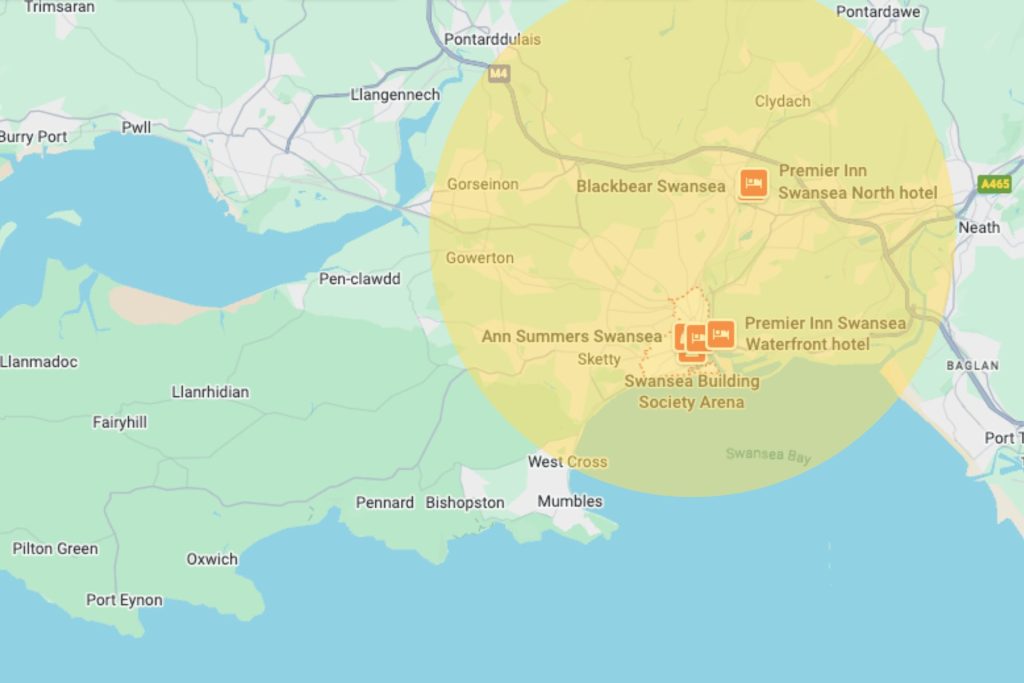 A yellow transparent circle shoing the main area of Swansea and the near towns that we offer mini skip hire